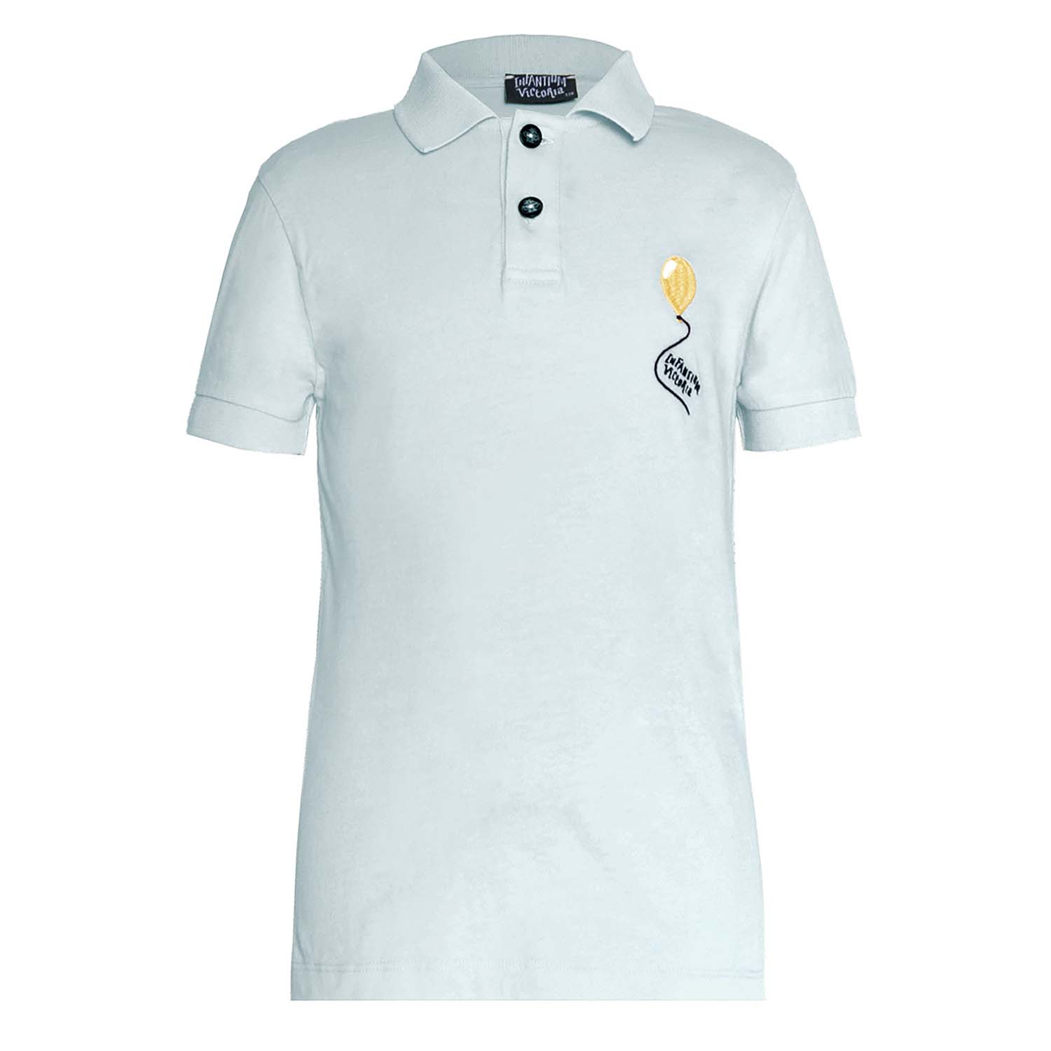 Mint green organic cotton kids polo shirt with coconut buttons and pocket balloon embroidery