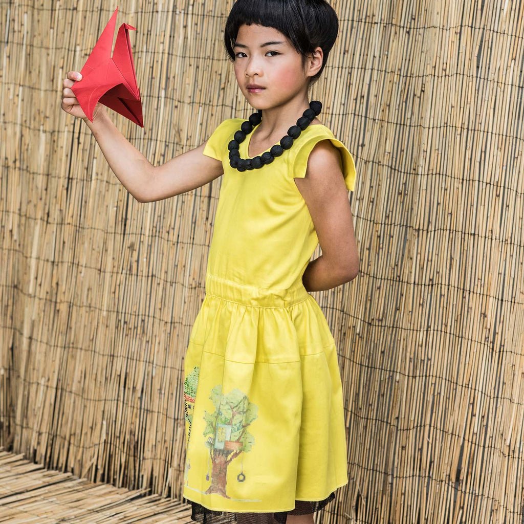 Yellow embroidered dress for girls made of organic cotton featuring a handcrafted treehouse print — view 2