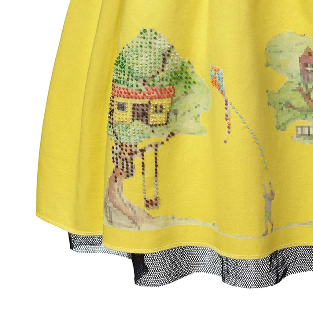 Yellow embroidered dress for girls made of organic cotton featuring a handcrafted treehouse print — view 3