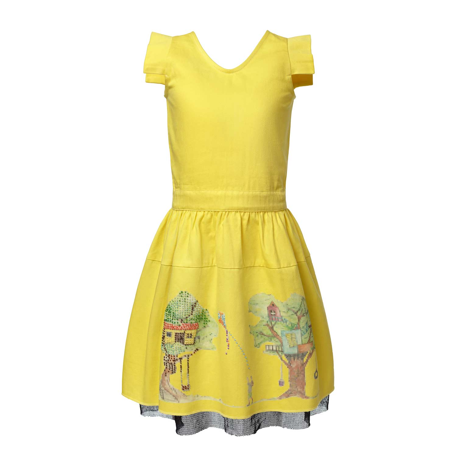 Yellow embroidered dress for girls made of organic cotton featuring a handcrafted treehouse print