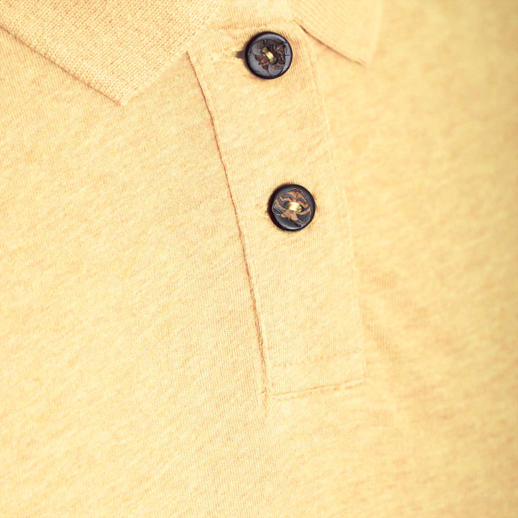 Yellow polo dress for girls in organic cotton with coconut shell buttons and front pocket — view 5