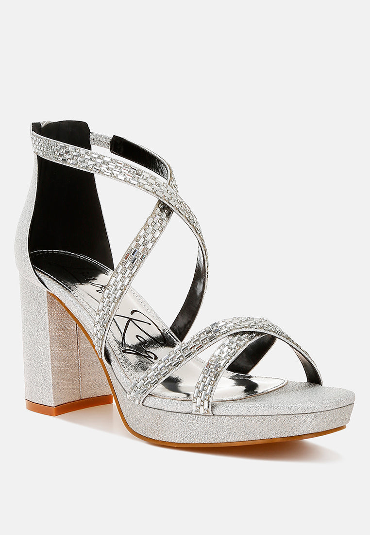 Rhinestone embellished strappy sandals with three-inch block heel, zipper closure, and shimmering fabric finish — view 2