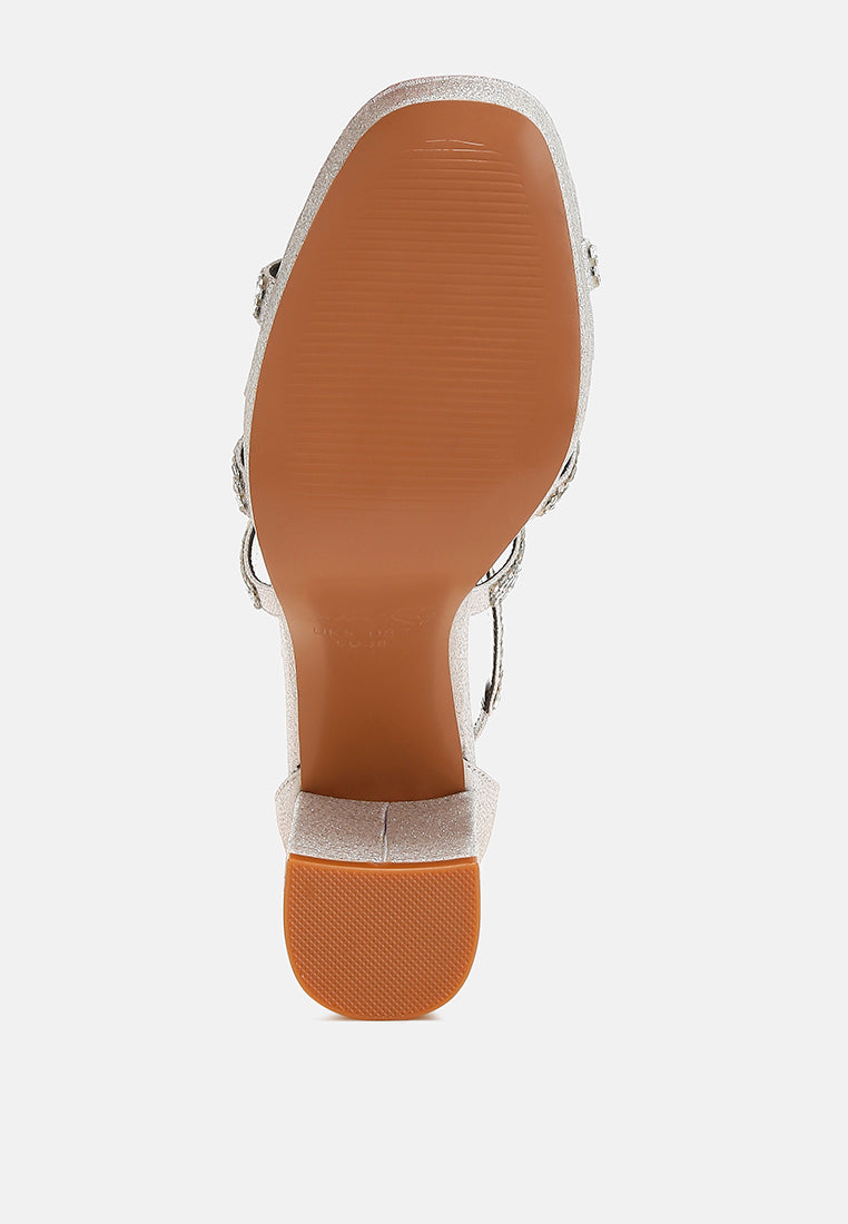 Rhinestone embellished strappy sandals with three-inch block heel, zipper closure, and shimmering fabric finish — view 5