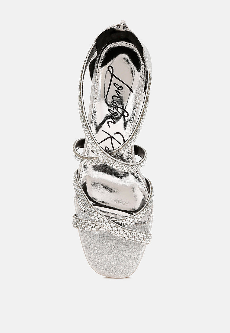 Rhinestone embellished strappy sandals with three-inch block heel, zipper closure, and shimmering fabric finish — view 4