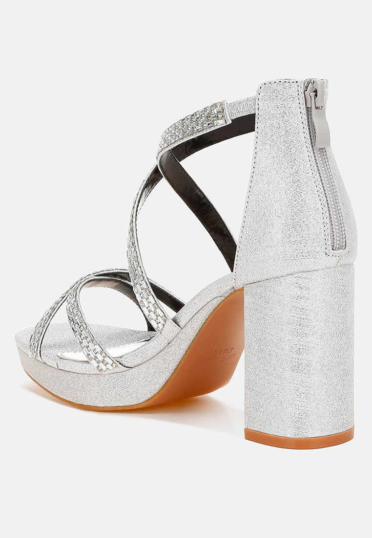 Rhinestone embellished strappy sandals with three-inch block heel, zipper closure, and shimmering fabric finish — view 3