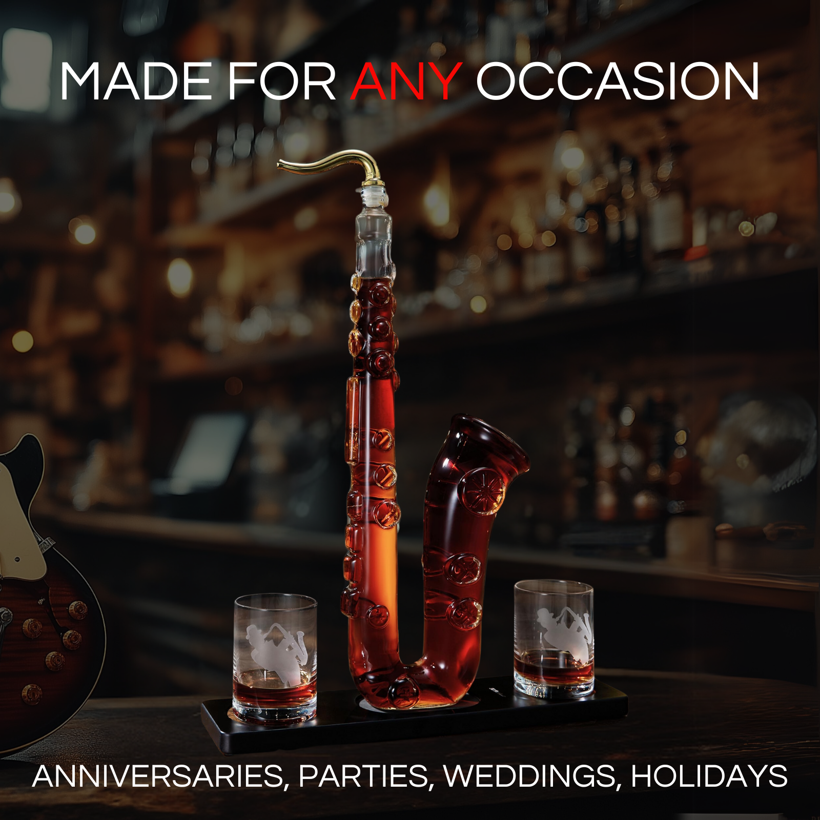 Clear glass saxophone whiskey and wine decanter set with two matching tasting glasses — view 2