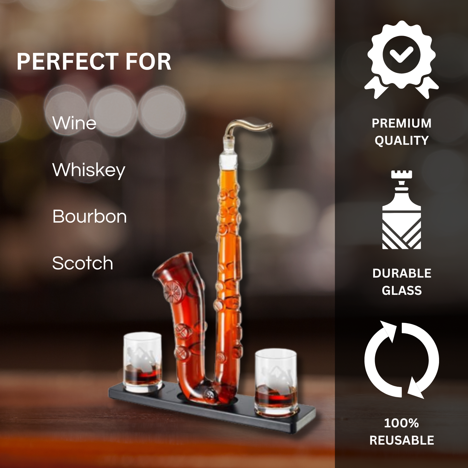 Clear glass saxophone whiskey and wine decanter set with two matching tasting glasses — view 3