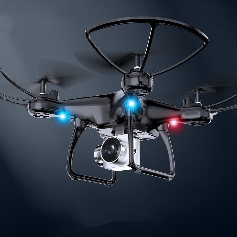 Black intelligent remote control quadcopter drone featuring 4k camera, spare propellers, and protective guards