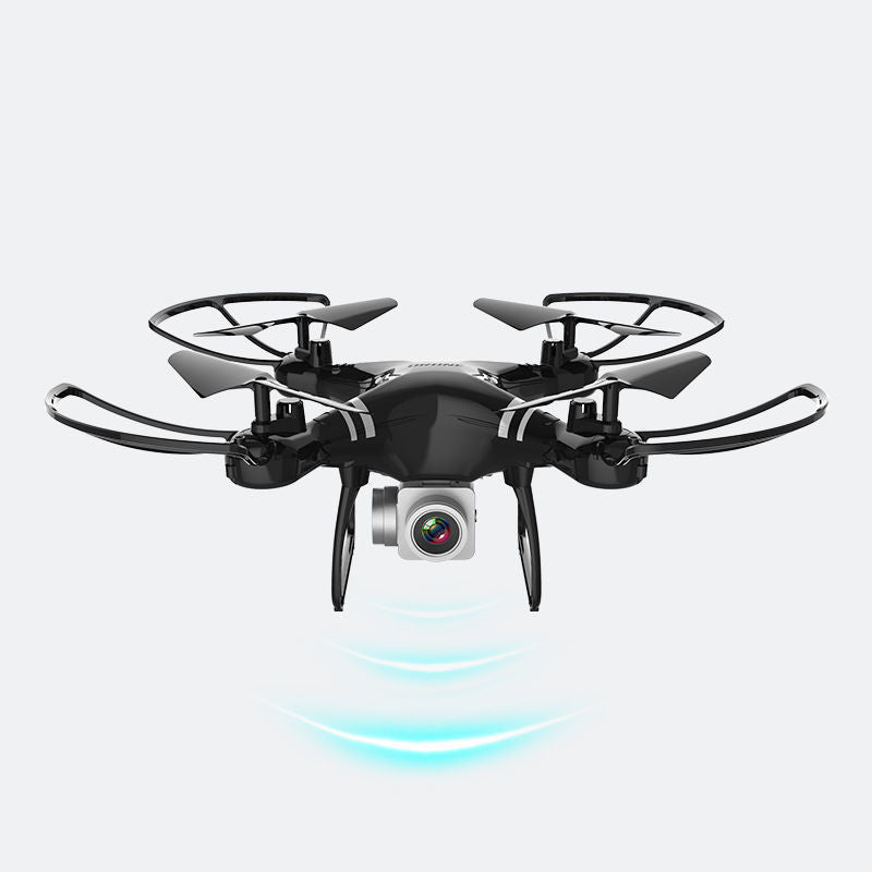 Black intelligent remote control quadcopter drone featuring 4k camera, spare propellers, and protective guards — view 2