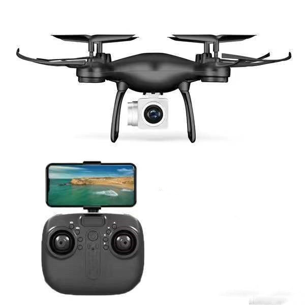 Black intelligent remote control quadcopter drone featuring 4k camera, spare propellers, and protective guards — view 3