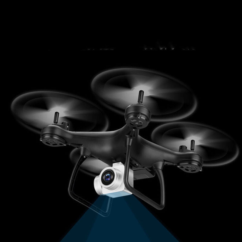 Black intelligent remote control quadcopter drone featuring 4k camera, spare propellers, and protective guards — view 4