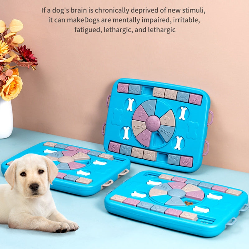Interactive dog food dispenser toy in blue plastic with sliding puzzle panels and treat compartments