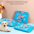 Interactive dog food dispenser toy in blue plastic with sliding puzzle panels and treat compartments