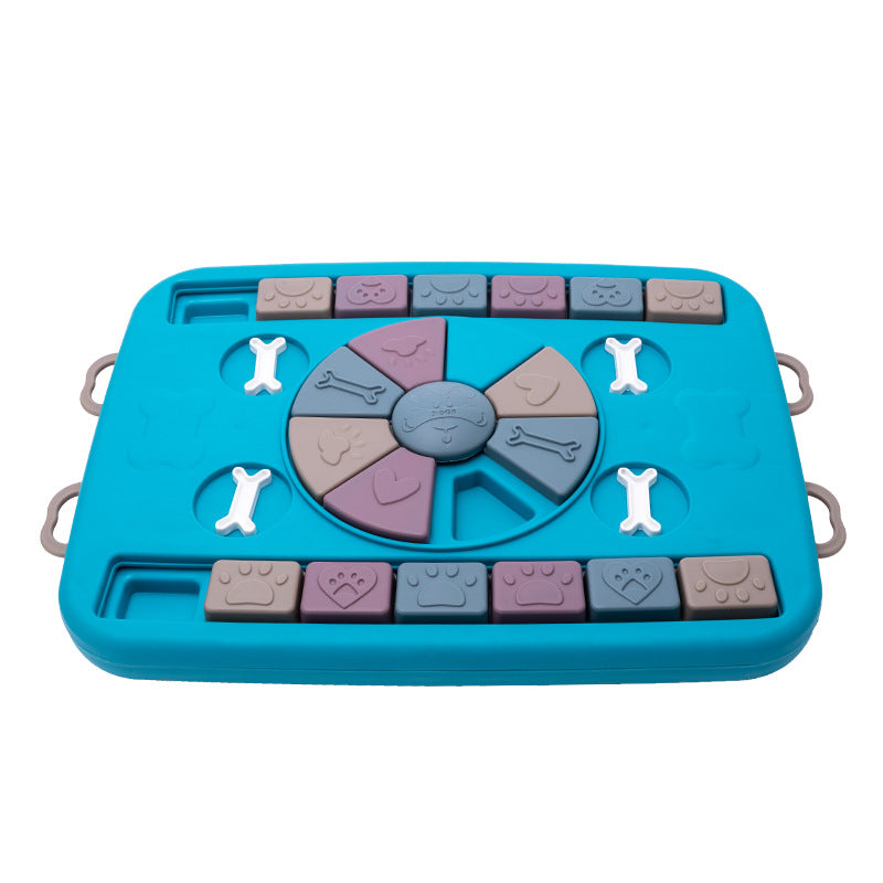 Interactive dog food dispenser toy in blue plastic with sliding puzzle panels and treat compartments — view 3