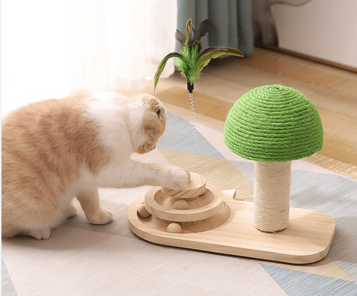 Interactive wooden cat toy with sisal scratching balls and sliding roller track in mushroom design