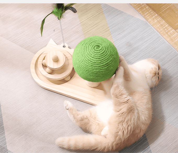 Interactive wooden cat toy with sisal scratching balls and sliding roller track in mushroom design — view 2