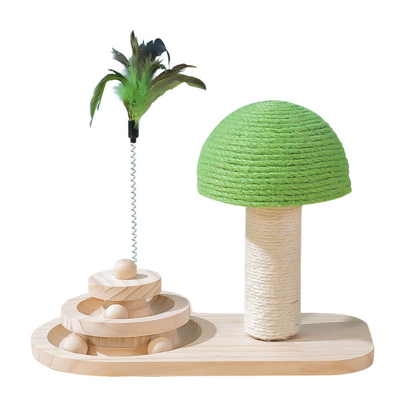 Interactive wooden cat toy with sisal scratching balls and sliding roller track in mushroom design — view 3