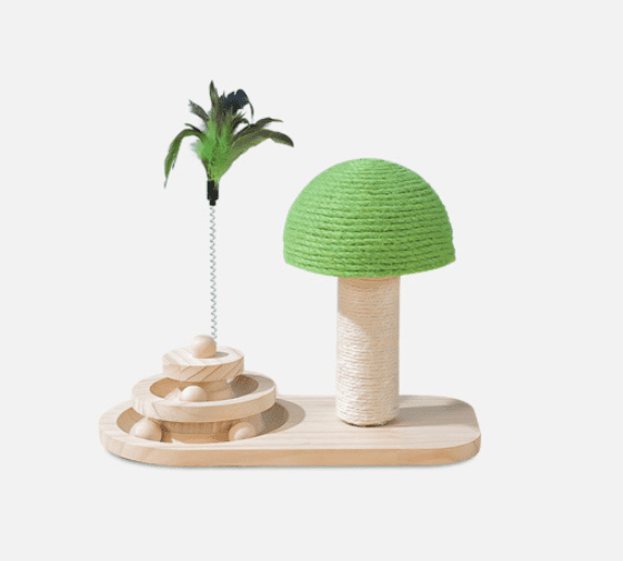 Interactive wooden cat toy with sisal scratching balls and sliding roller track in mushroom design — view 4