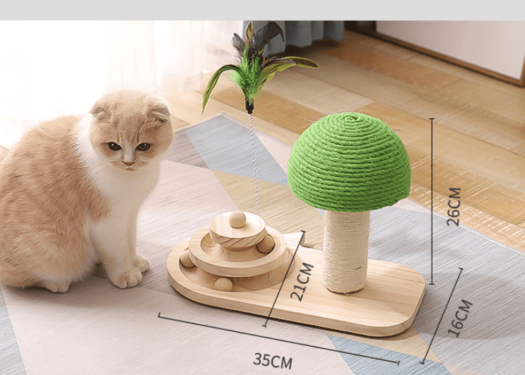 Interactive wooden cat toy with sisal scratching balls and sliding roller track in mushroom design — view 5