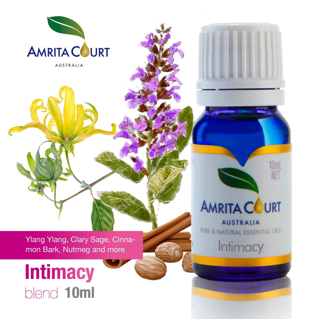 Intimacy Essential Oil Blend 10ml glass bottle by Amrita Court featuring pure sensual botanical extracts