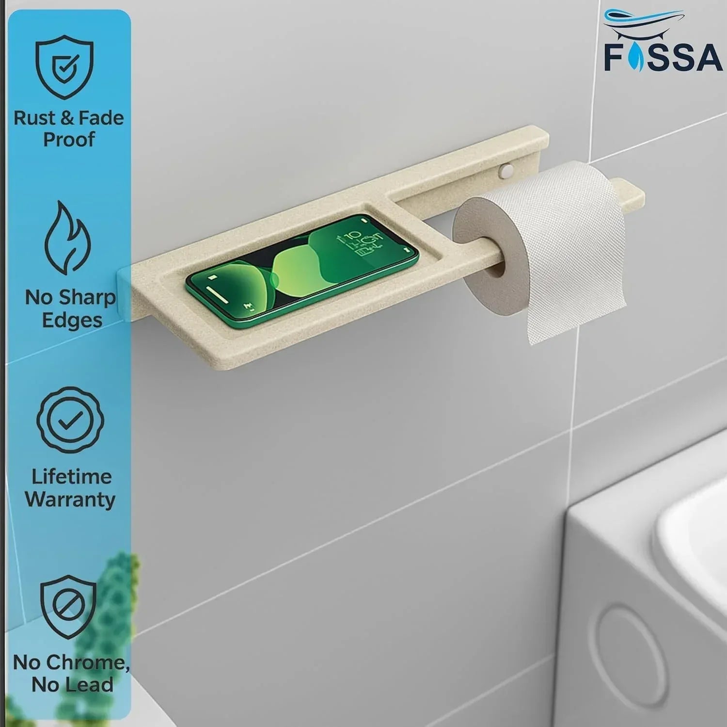 Ivory ceramic toilet paper holder with built-in mobile phone resting stand for modern bathroom decor — view 2