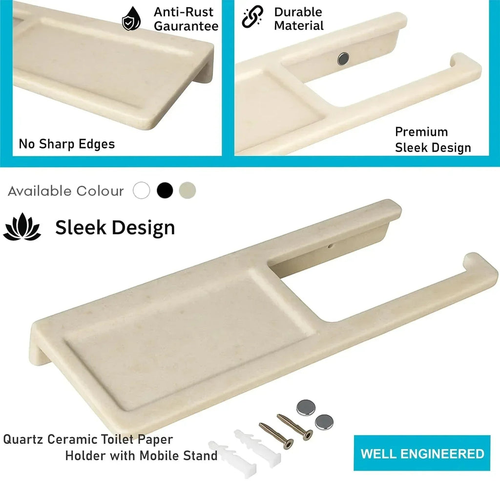 Ivory ceramic toilet paper holder with built-in mobile phone resting stand for modern bathroom decor — view 4