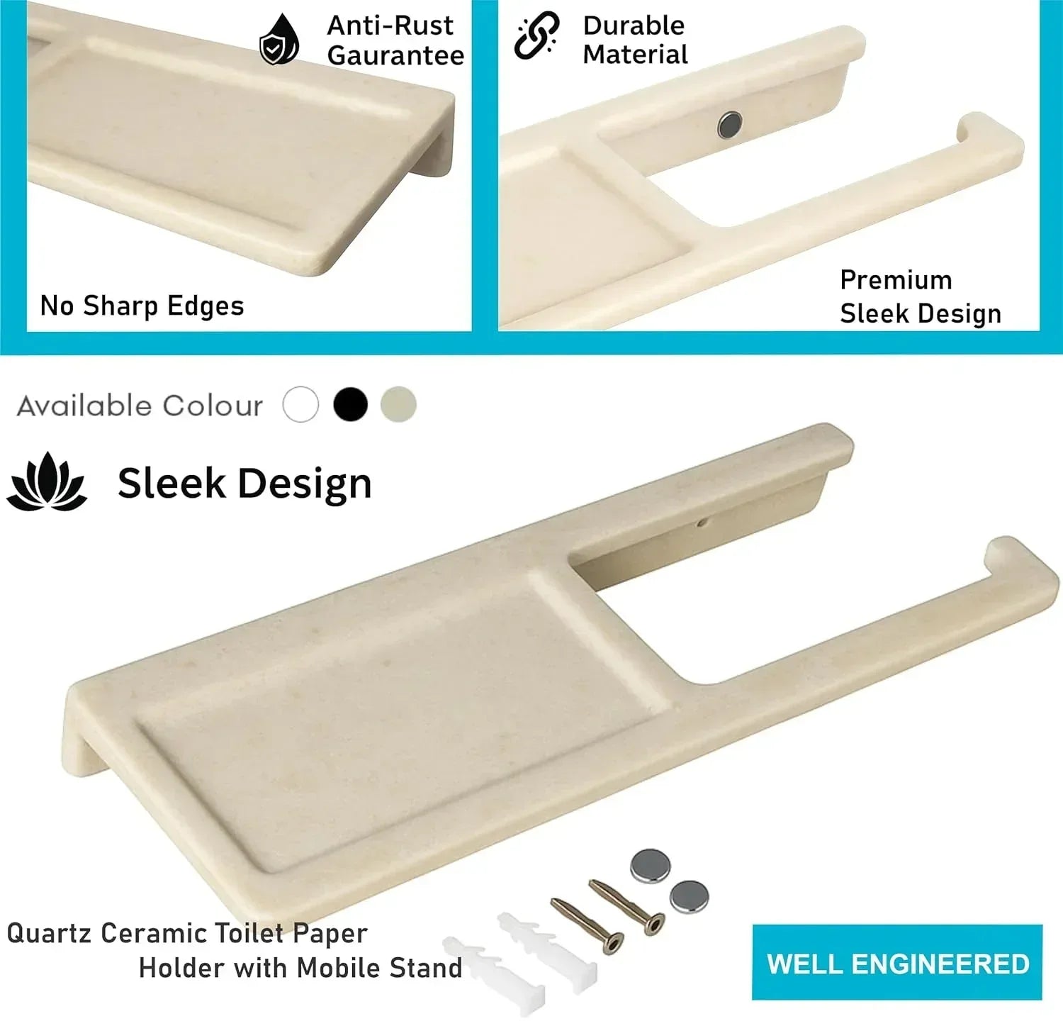 Ivory ceramic toilet paper holder with built-in mobile phone resting stand for modern bathroom decor — view 4