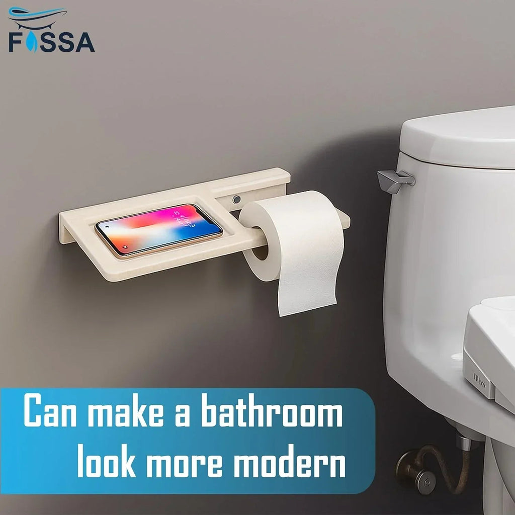 Ivory ceramic toilet paper holder with built-in mobile phone resting stand for modern bathroom decor — view 5