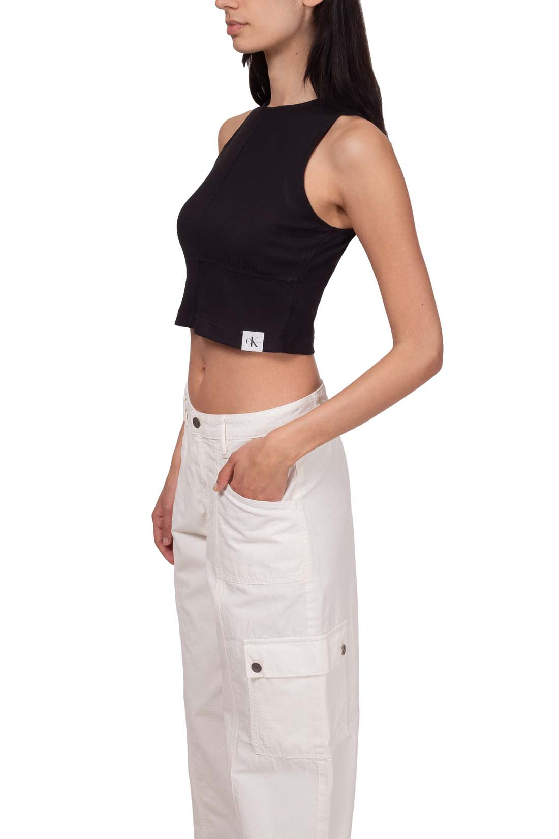 Black ribbed stretch cotton women's racerback tank top with contrasting stitching and logo — view 16