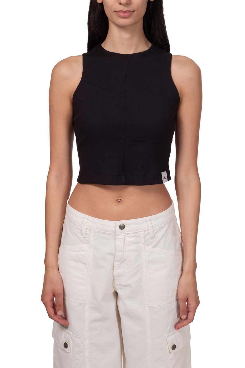 Black ribbed stretch cotton women's racerback tank top with contrasting stitching and logo — view 2
