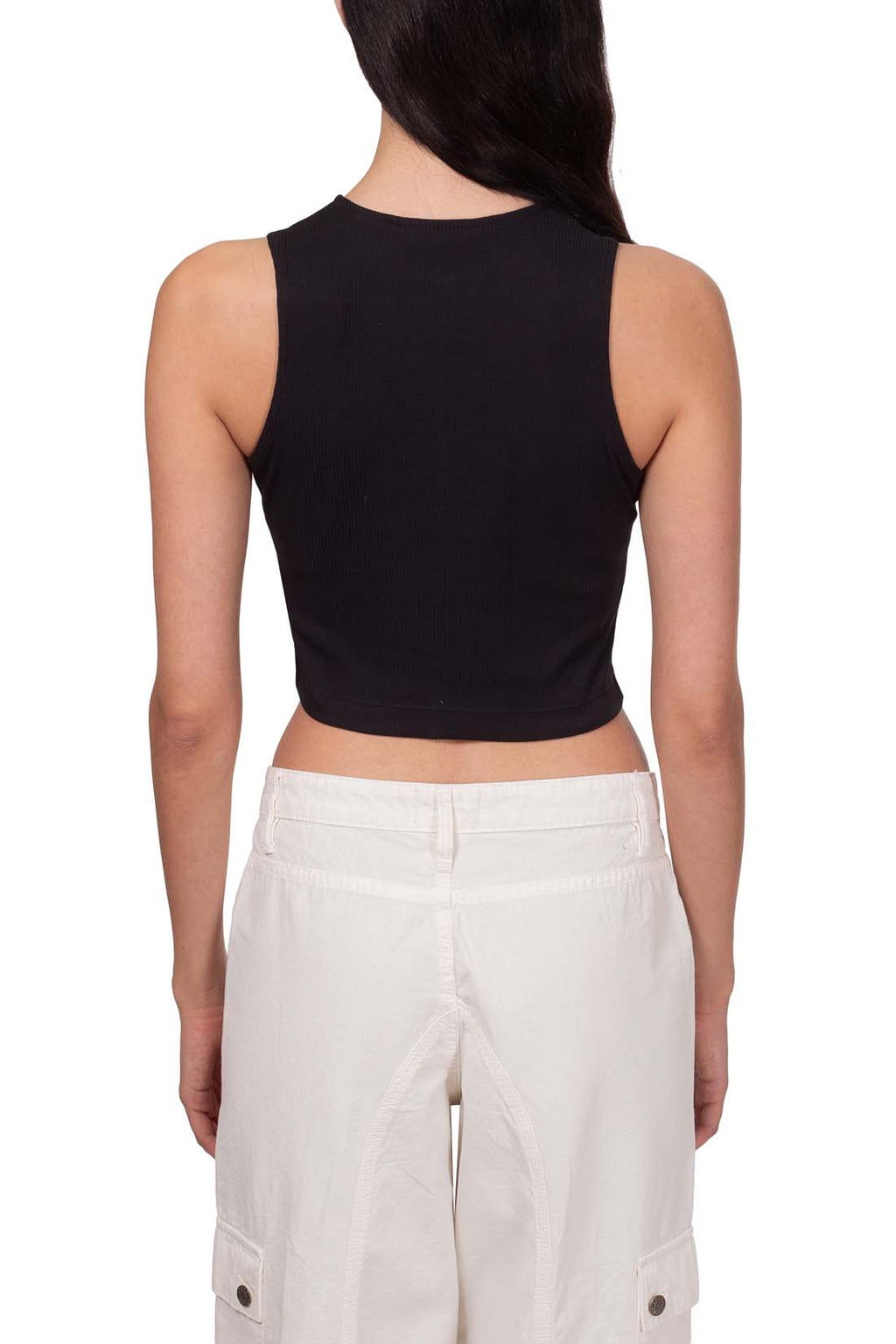 Black ribbed stretch cotton women's racerback tank top with contrasting stitching and logo — view 11