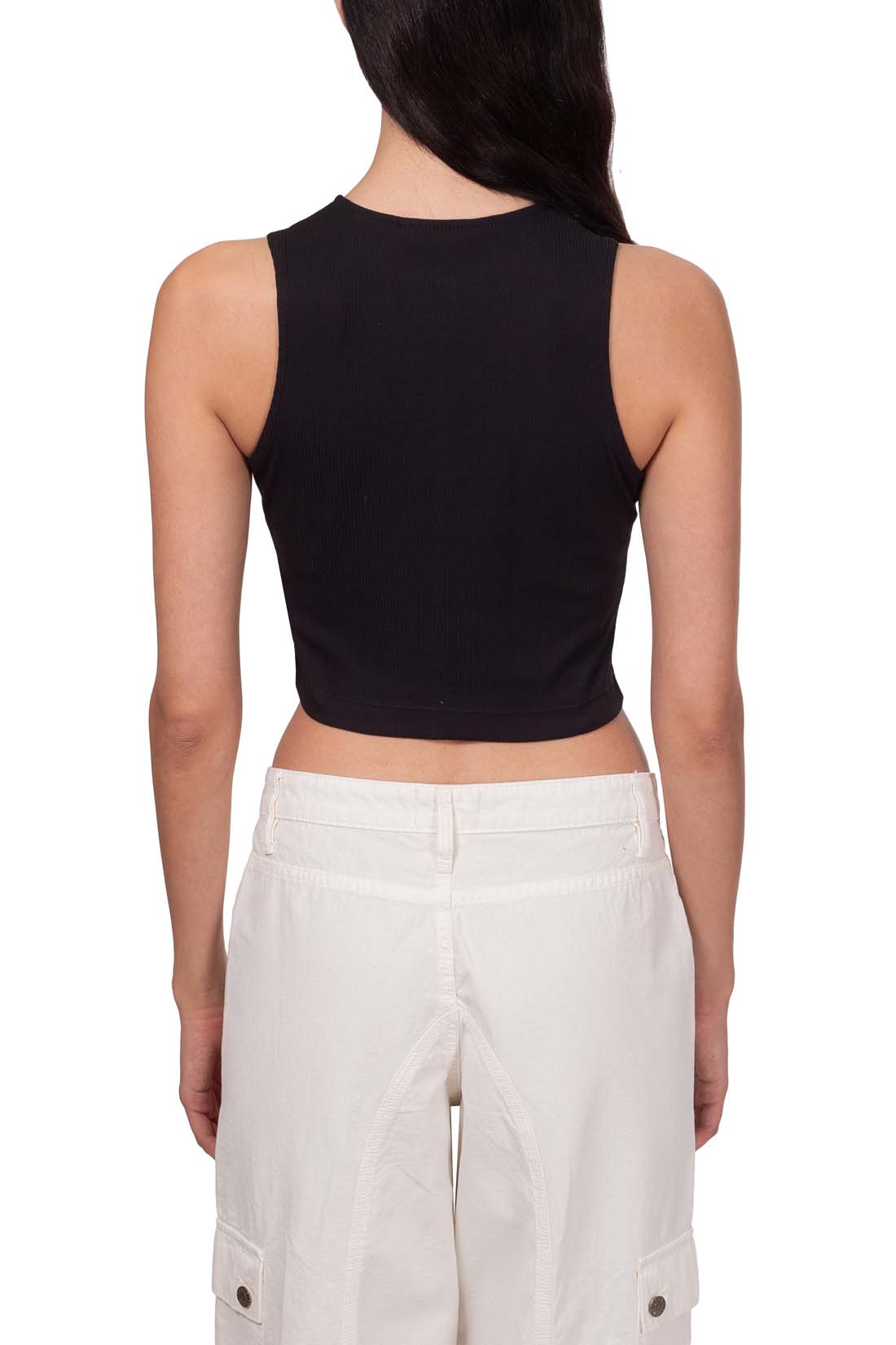 Black ribbed stretch cotton women's racerback tank top with contrasting stitching and logo — view 11