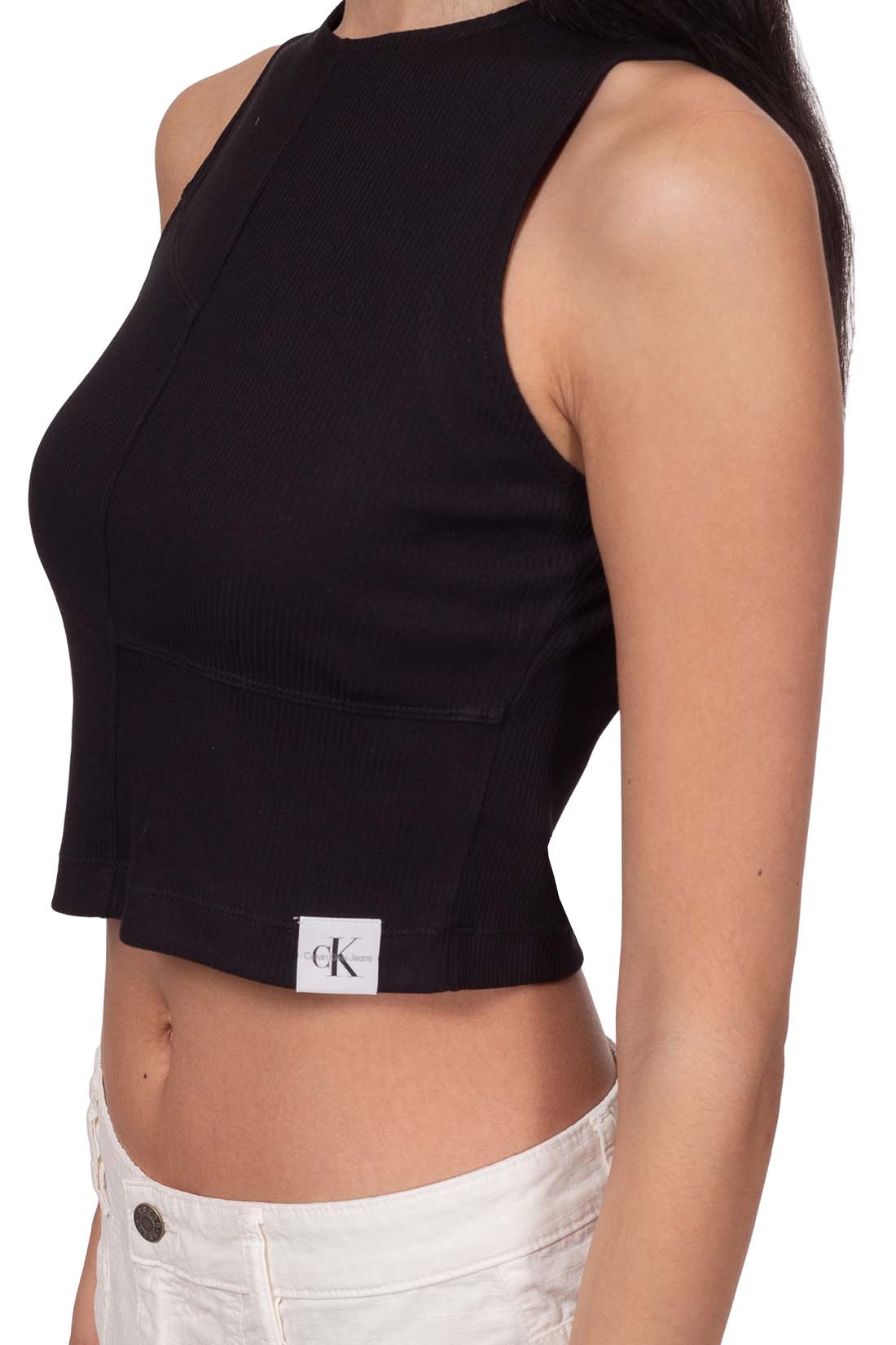 Black ribbed stretch cotton women's racerback tank top with contrasting stitching and logo