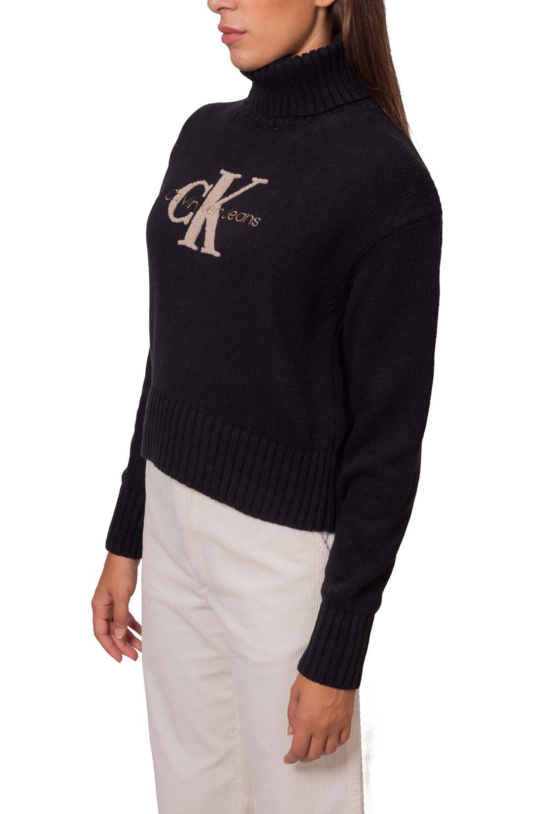 Women's black cotton blend turtleneck sweater with embroidered front logo and ribbed hem — view 2