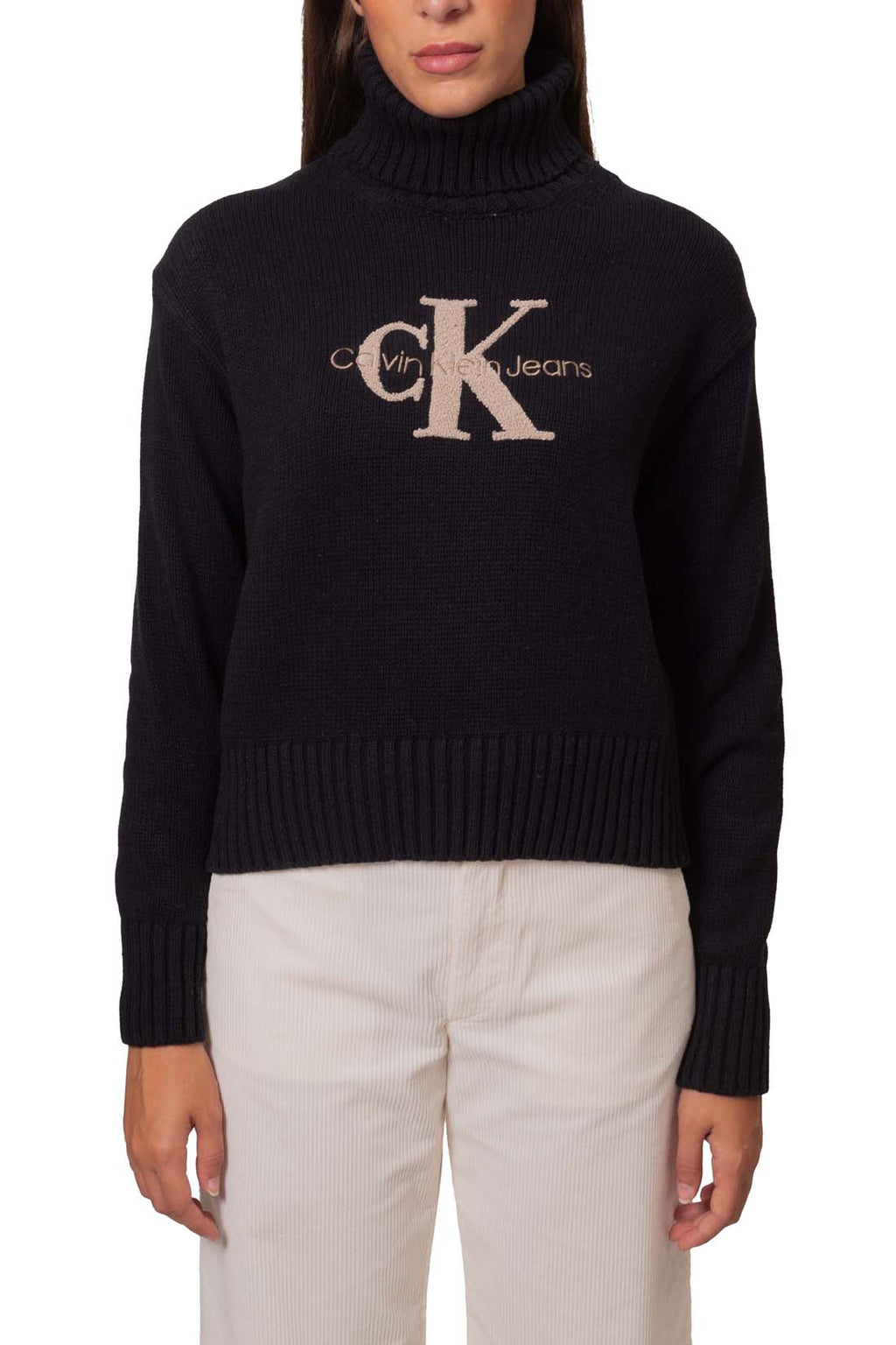 Women's black cotton blend turtleneck sweater with embroidered front logo and ribbed hem — view 4