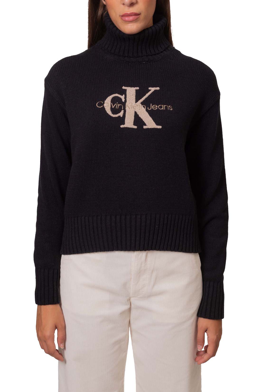 Women's black cotton blend turtleneck sweater with embroidered front logo and ribbed hem — view 4