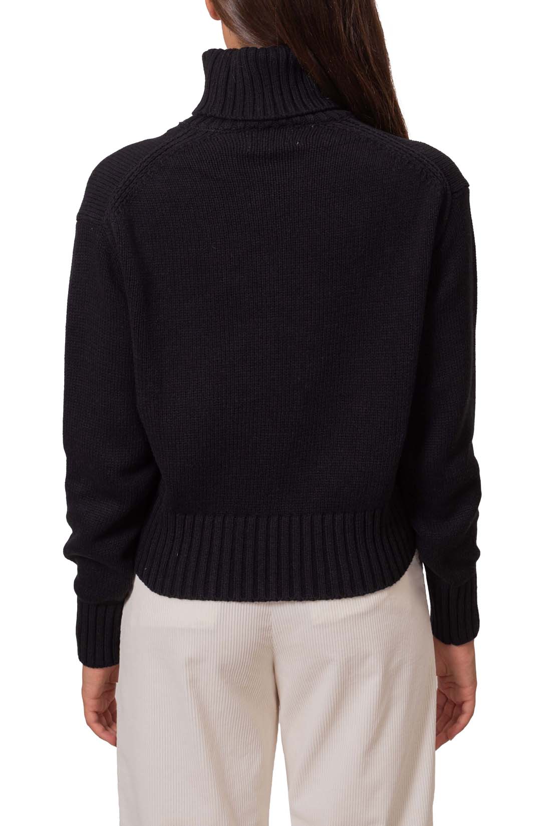 Women's black cotton blend turtleneck sweater with embroidered front logo and ribbed hem — view 3