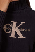Women's black cotton blend turtleneck sweater with embroidered front logo and ribbed hem
