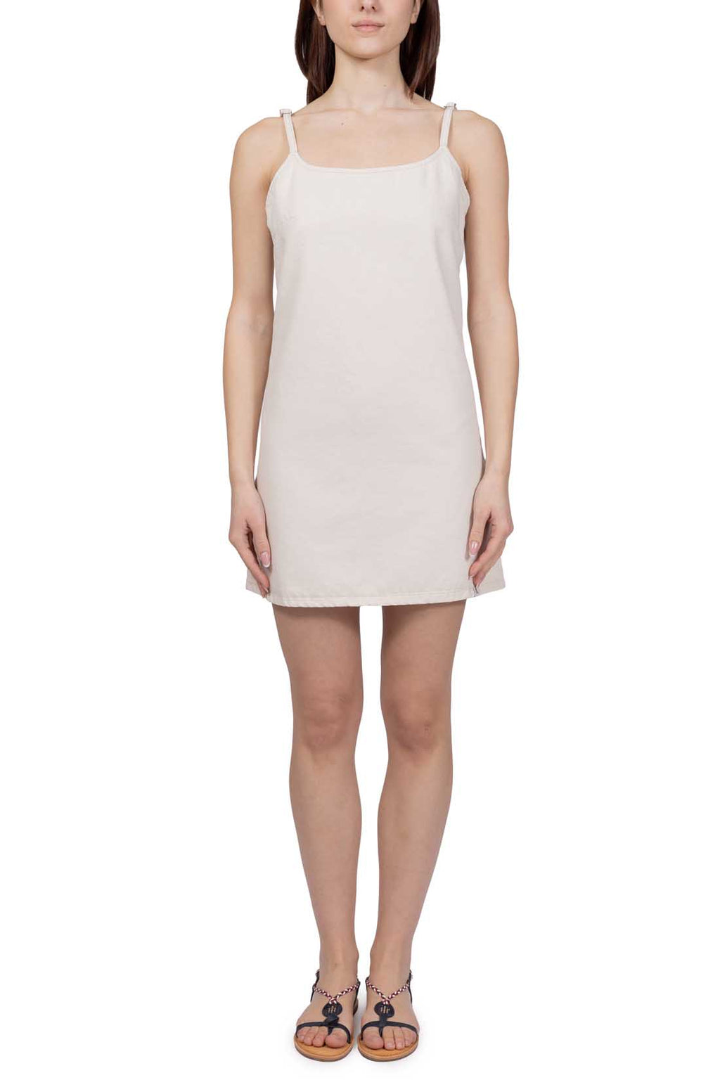 Women's sand-colored flared denim dress in a cotton-linen blend with thin adjustable shoulder straps — view 16