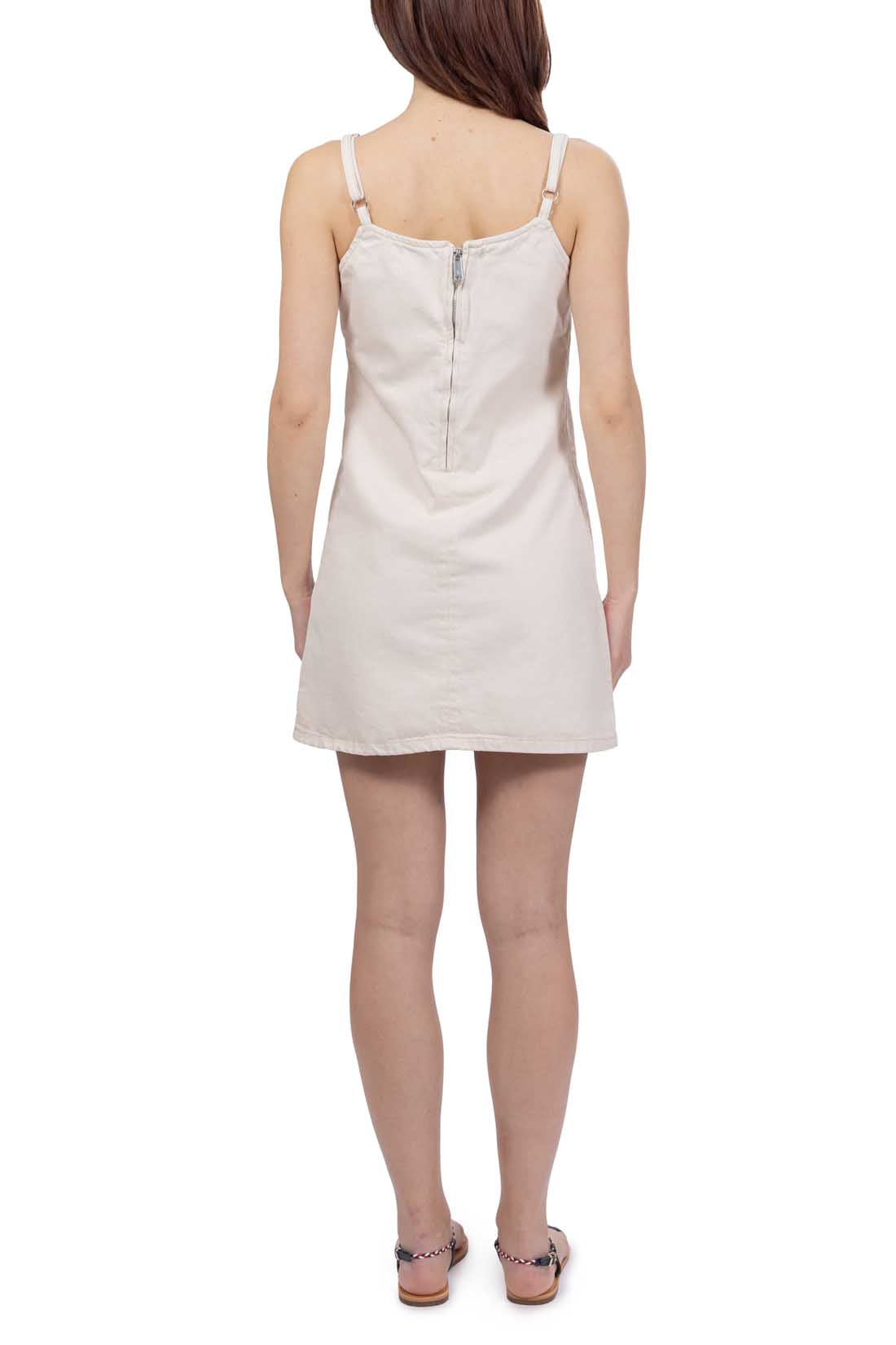 Women's sand-colored flared denim dress in a cotton-linen blend with thin adjustable shoulder straps — view 3