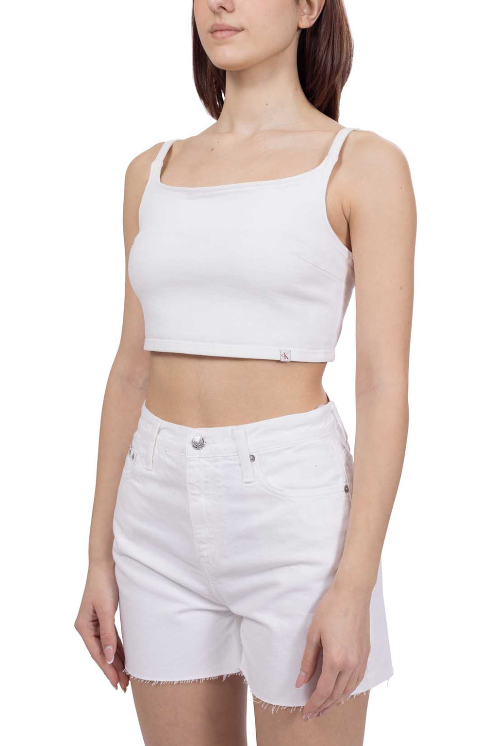 Women's cream washed denim bralette top with thin shoulder straps and slim fit silhouette — view 6