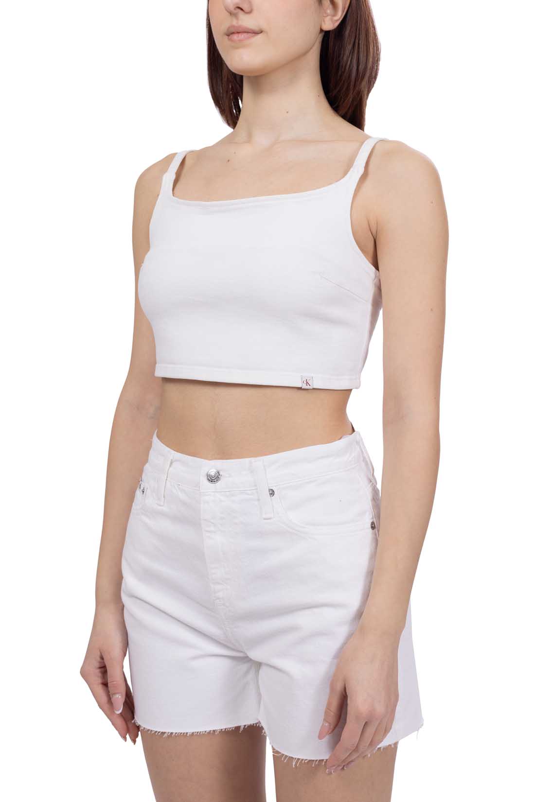 Women's cream washed denim bralette top with thin shoulder straps and slim fit silhouette — view 14