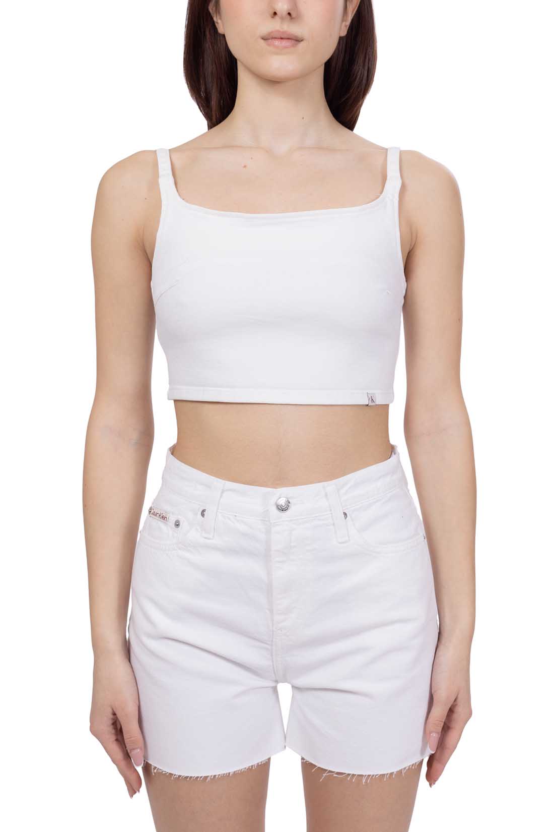 Women's cream washed denim bralette top with thin shoulder straps and slim fit silhouette — view 12