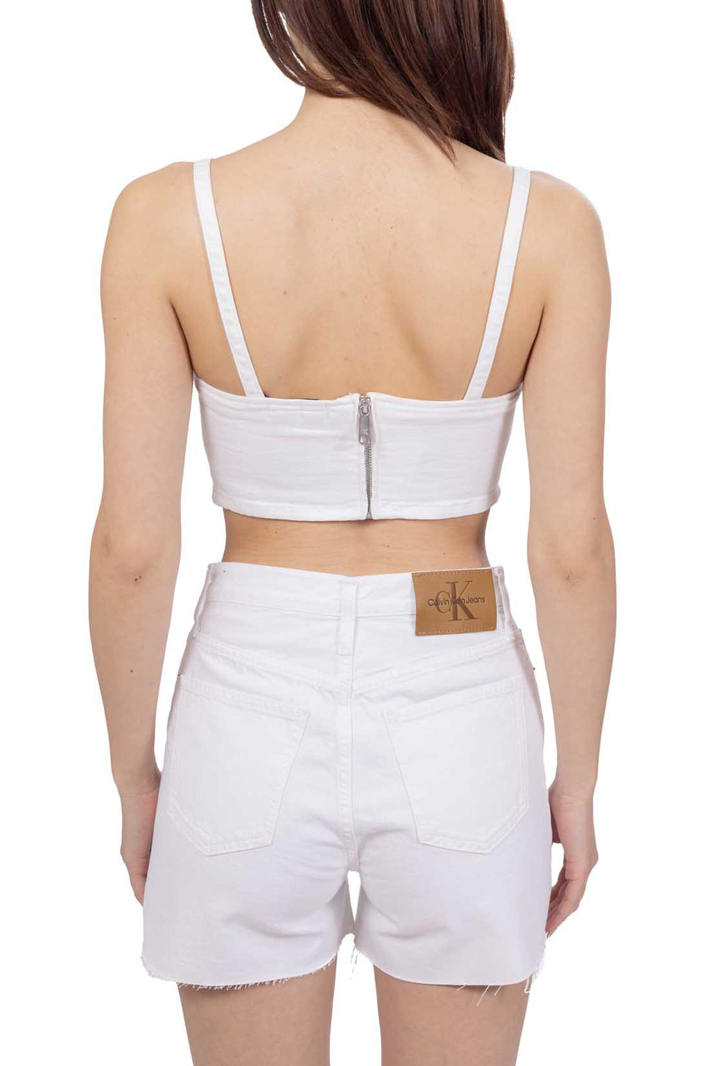 Women's cream washed denim bralette top with thin shoulder straps and slim fit silhouette — view 3