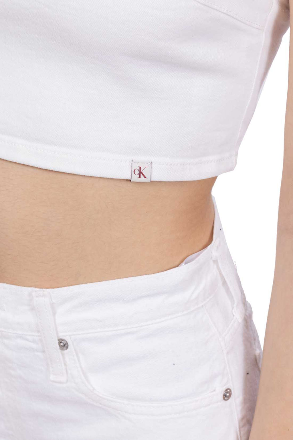 Women's cream washed denim bralette top with thin shoulder straps and slim fit silhouette — view 9