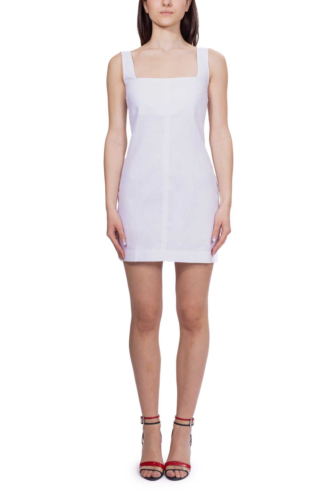 White cotton linen blend short dress with square neckline and A-line flared silhouette. — view 4