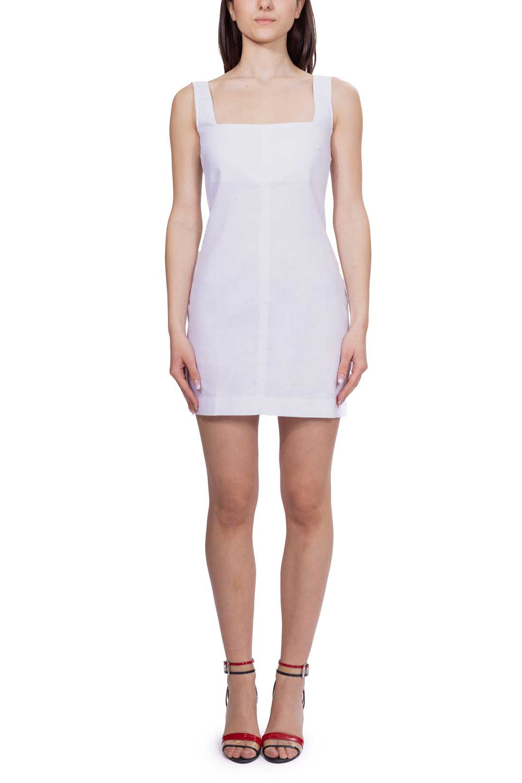 White cotton linen blend short dress with square neckline and A-line flared silhouette. — view 12