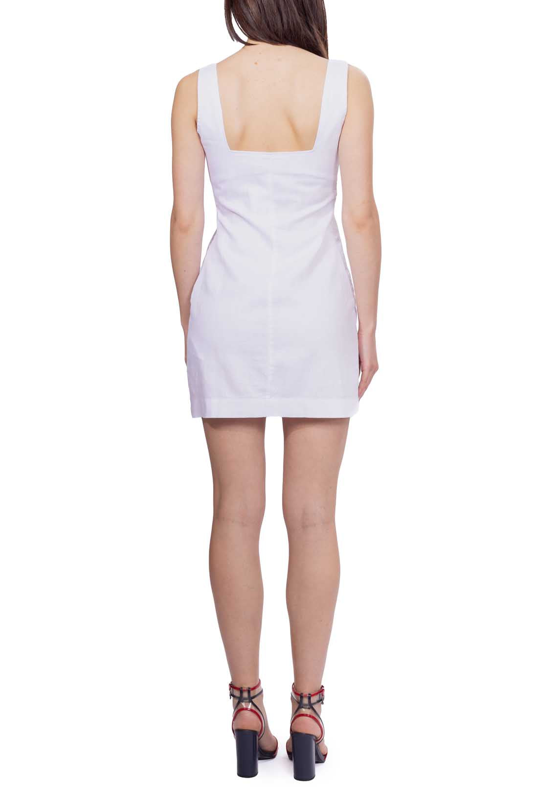 White cotton linen blend short dress with square neckline and A-line flared silhouette. — view 15