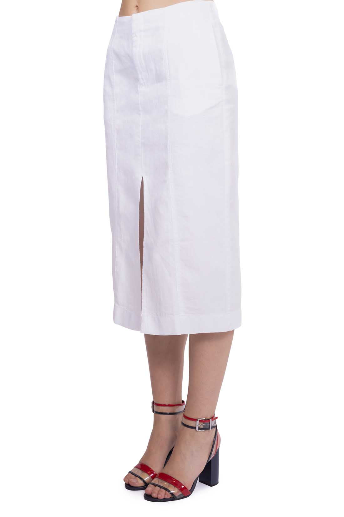 White women's midi skirt in cotton linen twill with front slit and elastic waist. — view 6