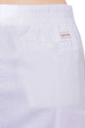White women's midi skirt in cotton linen twill with front slit and elastic waist.